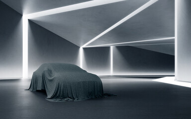 Abstract interior design for a modern showroom. 3D rendering of a new car covered with a cloth on the floor with concrete corridor background.