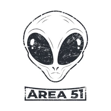 Area 51 with alien head logo in grunge style. Extraterrestrial humanoid face with big eyes. Space invader. Template design for poster, t-shirt, banner. Vector illustration