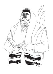 Orthodox  jewish  man  reading torah.  Hand drawing illustration.