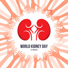world kidney day with red human kidney sign in abstracct hand around circle frame vector design