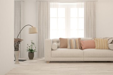 White living room with sofa. Scandinavian interior design. 3D illustration