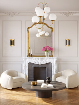 3d rendering of an elegant chic luxury Paris apartment living room with classic fireplace and a vase with pink hydrangeas