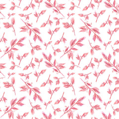 Seamless pattern with stylized pink flowers and leaves. Watercolor hand drawn illustration. Background for greeting wedding card.