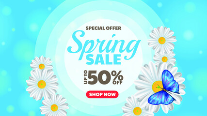 Spring sale banner. Illustration with daisies and butterfly