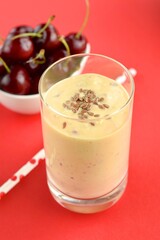 Refreshing drink mango cherry smoothie with flax seeds