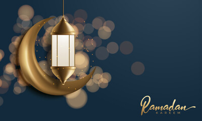 ramadan kareem decorative moon with hanging lamps