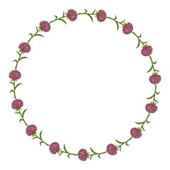 Round frame with pink aster flowers on white background. Doodle style. Vector image.