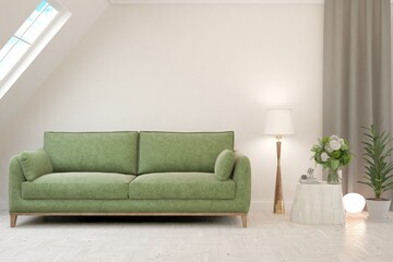 White living room with sofa. Scandinavian interior design. 3D illustration