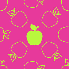 Apples are a seamless pattern. Silhouette and outline of green apples on a pink background. Simple abstract vector background. For paper, cover, fabric, gift packaging