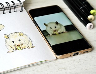 result of sketching photo of eathing white hamster