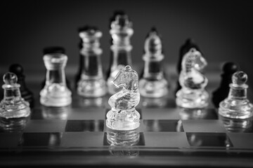 chess isolated on black background. Image with selective focus. copy space area.