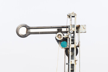 Old rusty semaphore. Train transport system. Railway signal metal device.