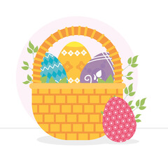 basket with easter eggs and decorative leaves around, colorful design