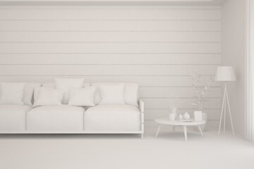 White minimalist living room with sofa. Scandinavian interior design. 3D illustration