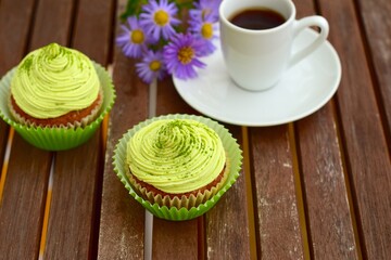 Matcha green tea cupcakes with cup of espresso
