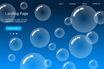 Template for landing page, soap bubbles, dark blue background. Cartoon style