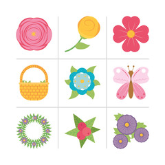 butterfly and flowers icon set, colorful design