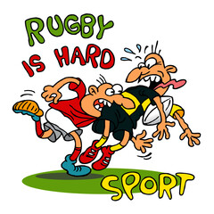 Rugby player bites another player in the ass to take the ball, rugby is hard sport, sports joke, color cartoon