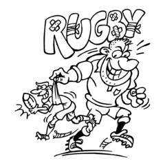 Rugby player giant holds in hand another player with a ball and runs with it, big rugby sign, sport joke, black and white cartoon