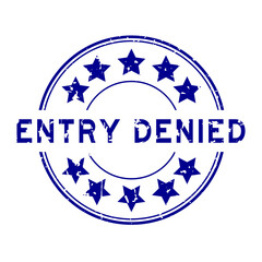 Grunge blue entry denied word with star icon round rubber seal stamp on white background