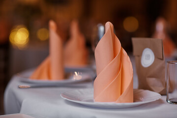 festive table setting with plates, empty glasses and napkins for weddings, birthdays, Christmas and more. restaurant interior