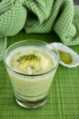 Matcha green tea latte with vanilla ice cream
