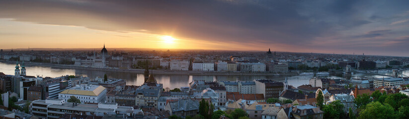 Beautiful sunrise panorama view in the tourist destination Budapest with river Danube, photographed from the castle; color photo No.1