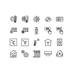Climate control icon set. Heating, ventilating and air conditioning symbols. Outline set of climate control systems vector icons for web design isolated on white background. Editable stroke