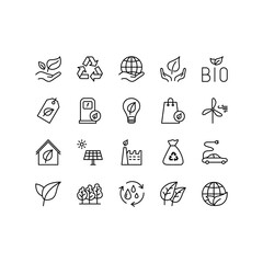 Ecology and Environment related line icon set. Nature and Renewable Energy simple symbol. Contains such as Environment, Eco, Alternative Power, Recycle, Water Drop and more. Editable stroke