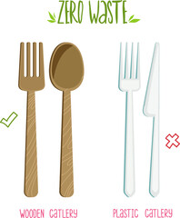 Zero waste concept poster. Reusable wooden cutlery vs plastic cutlery. Vector illustration