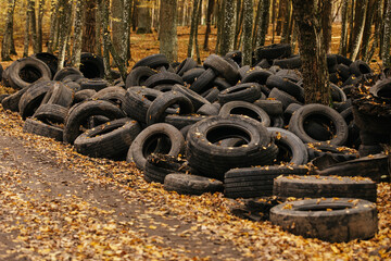 Old automobile tyre thrown out in a forest. noise is present.