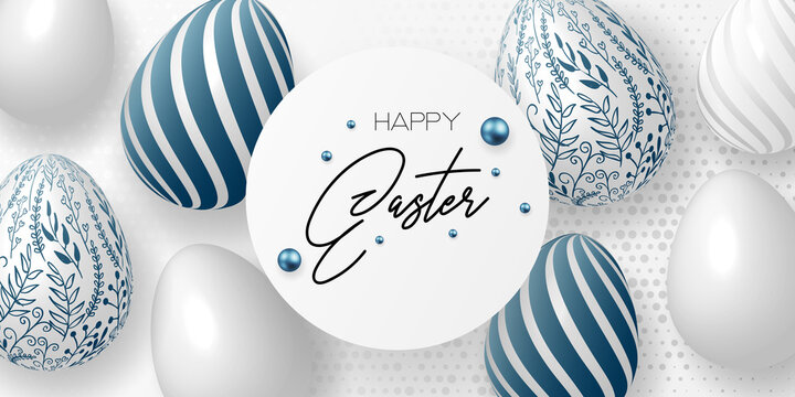 Happy easter template with eggs, pearls, confetti  dotted gold background. Vector illustration. Design layout for invitation, card, menu, flyer, banner, poster, voucher.