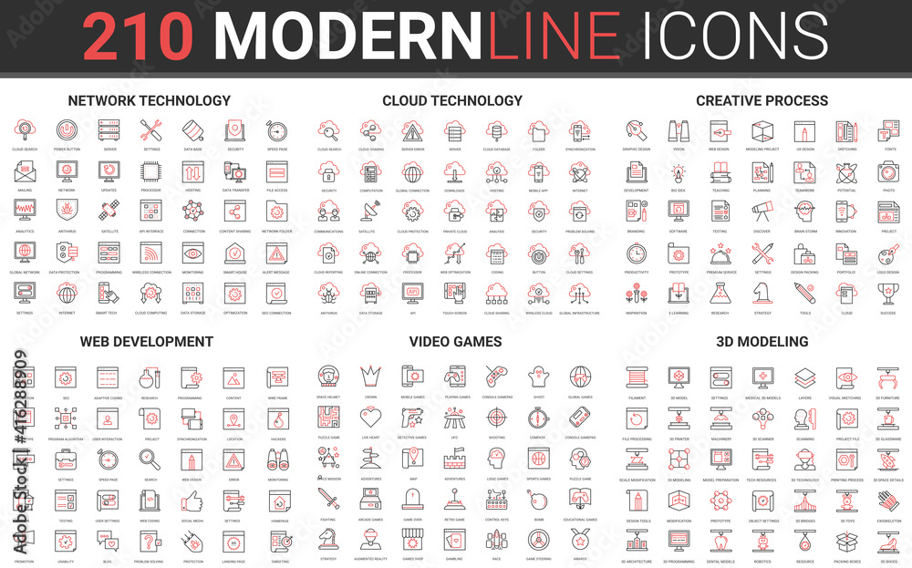Poster 210 modern red black thin line icons set of web development, video games, 3d modeling, network techn