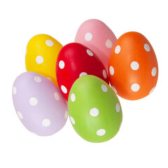 Multicolored easter eggs decorated dots in basket isolated on the white background