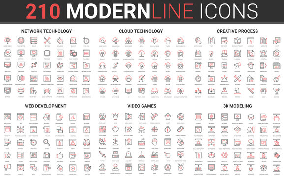 210 modern red black thin line icons set of web development, video games, 3d modeling, network technology, cloud data technology, creative process collection vector illustration.