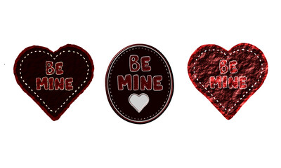 illustration with the words be mine with a heart in stiched patch design on different effects.