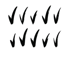 Vector art illustration grunge check mark. Set of hand drawn paint object for design use. Black on white background. Abstract brush drawing
