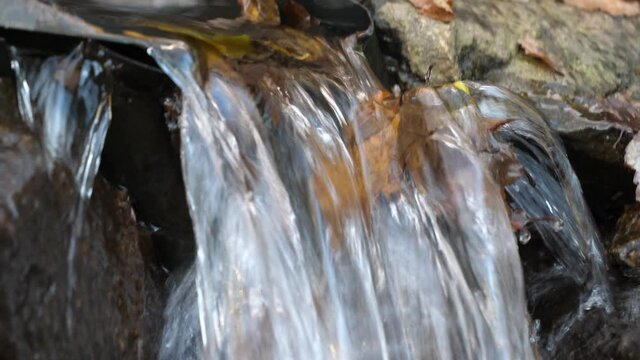 Waterfall flows over brown leaves in an austrian forest. Close up shot.