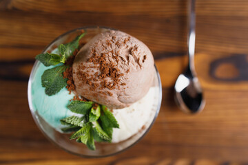 Chocolate, mint and vanilla ice-cream set in sundae bowl, refreshing creamy dessert for summertime. Food background with free space