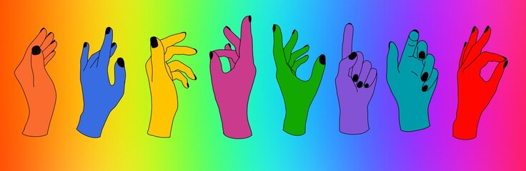 Set of female hands in various gestures, color pattern. Collage of contemporary art.