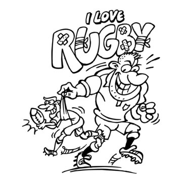 Rugby player giant holds in hand another player with a ball and runs with it, I love rugby, sport joke, black and white cartoon
