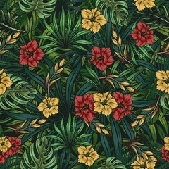 Naklejka na ściany i meble Tropical floral colorful seamless pattern