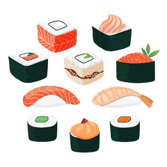 Sushi set. Different types of sushi and rolls. Traditional japan roll, gunkan with tobiko caviar, original with philadelphia cheese and lava sauce, salmon and king prawn. Vector illustration isolated
