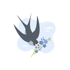 Swallow bird with spring flower forgetmenot. Greeting card design. Spring concept. Stock vector illustration in flat style.