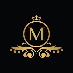 letter M template golden logo Luxury letter with crown. Monogram alphabet . Beautiful royal initials letter. restaurant, food company, shop , boutique template emblem	
