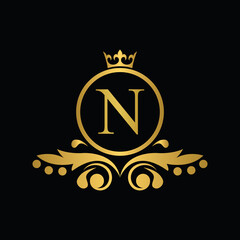 letter N template golden logo Luxury letter with crown. Monogram alphabet . Beautiful royal initials letter. restaurant, food company, shop , boutique template emblem	
