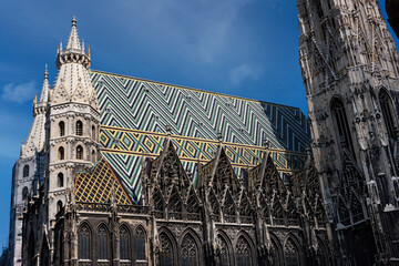 Austria. Vienna. Detail of architecture St. Stephen's Cathedral with roof covering of colored tiles...