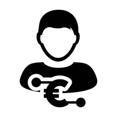 Digital euro icon vector currency symbol with male user person profile avatar for digital currency in a glyph pictogram illustration