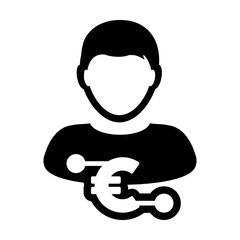 Digital euro currency icon vector symbol with male user person profile avatar for digital currency in a glyph pictogram illustratio