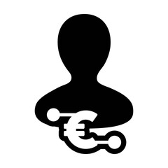 Digital money icon vector euro currency symbol with male user person profile avatar for digital currency in a glyph pictogram illustration